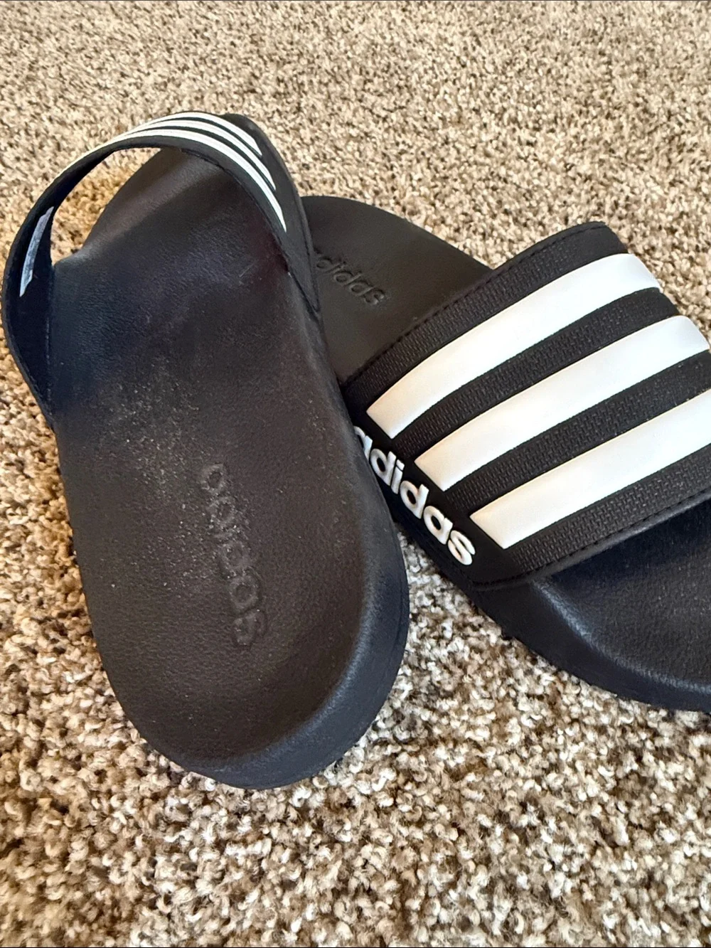 adidas Black and White Slide Sandals with Three Stripes